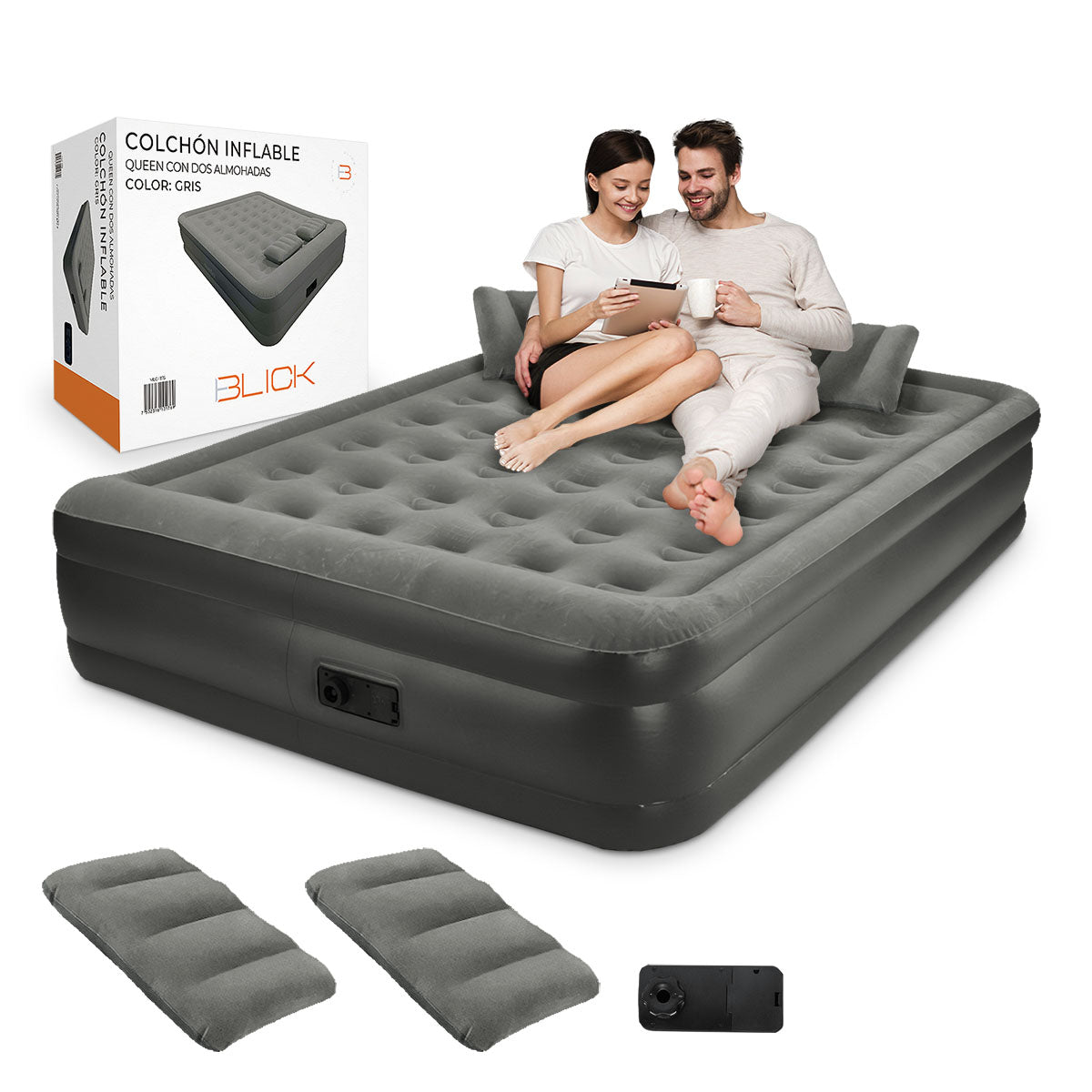 Colchón inflable eléctrico Blick Queen con 2 almohadas Soporta 200 Kg Bomba Eléctrica Plegable Antideslizante color gris
