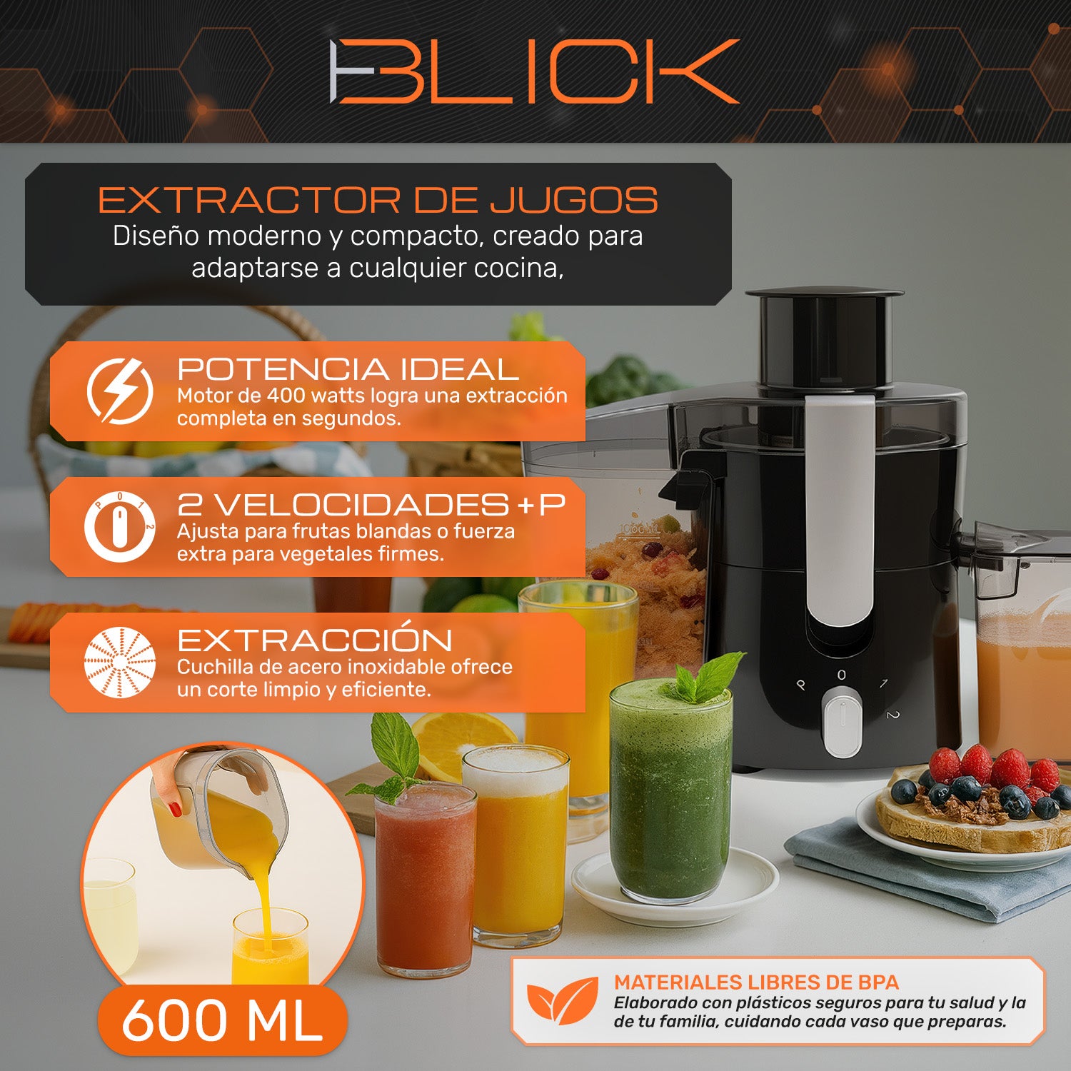Extractor De Jugos Electrico 400w 2 Velocidades 600ml Blick Negro Brillante