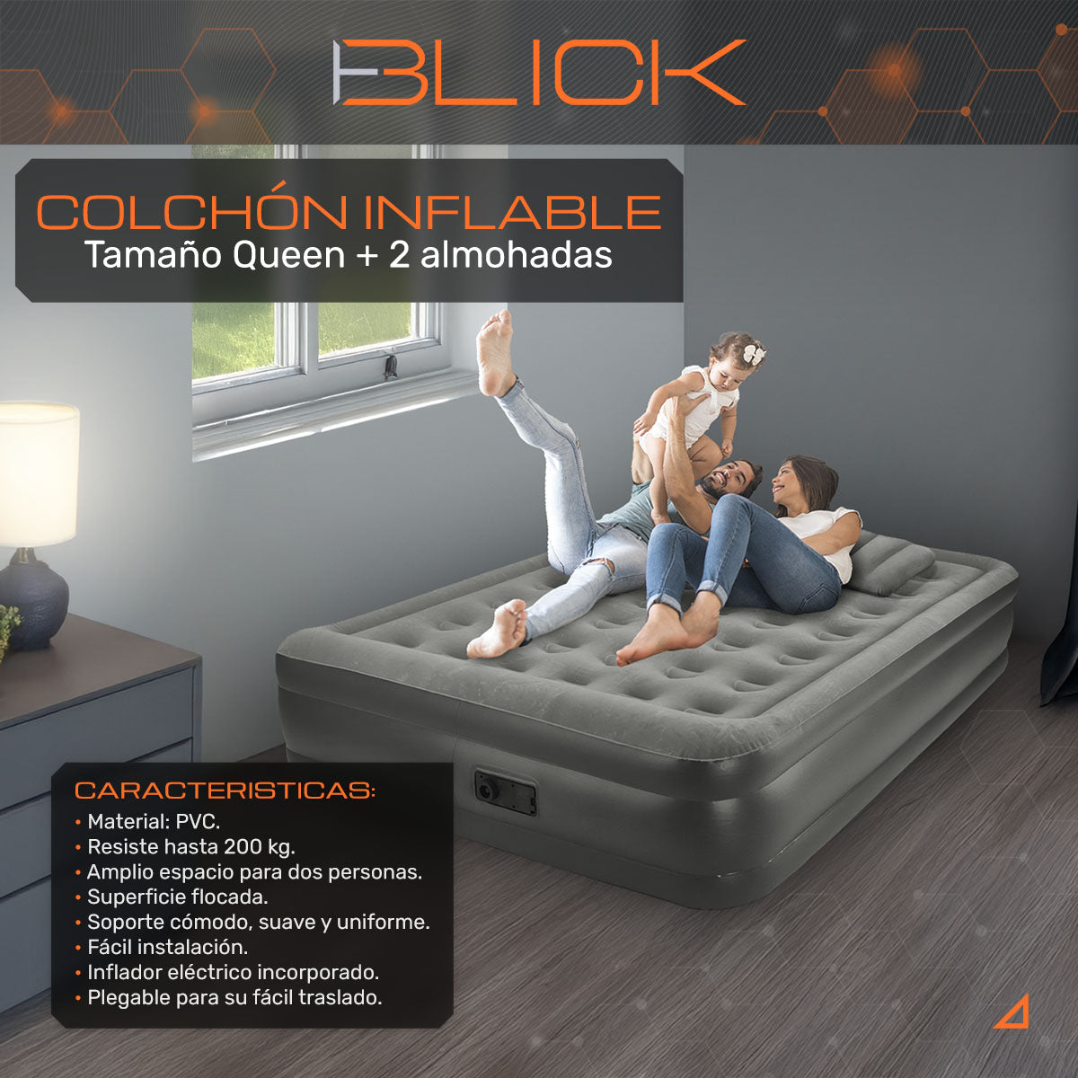 Colchón inflable eléctrico Blick Queen con 2 almohadas Soporta 200 Kg Bomba Eléctrica Plegable Antideslizante color gris