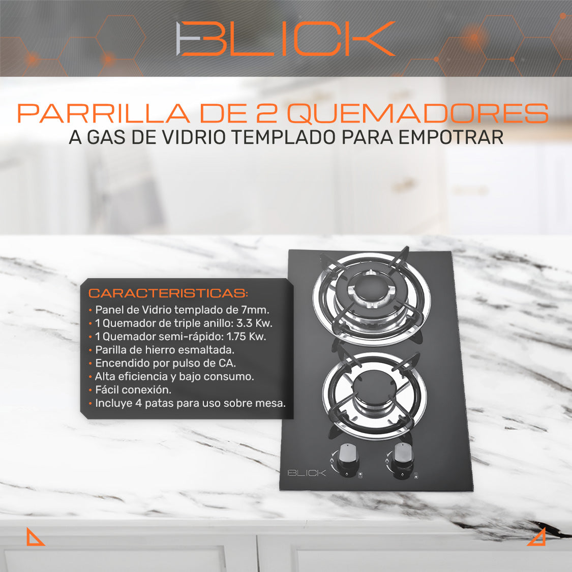 Parrilla Gas Vidrio Templado 2 Quemadores