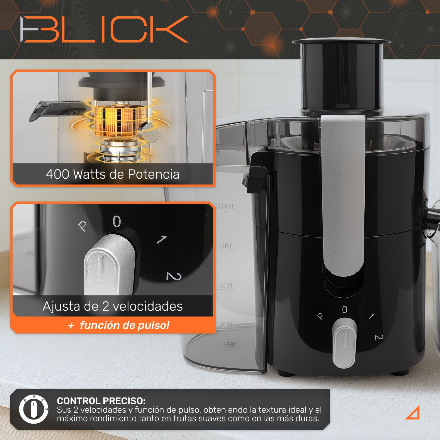 Extractor De Jugos Electrico 400w 2 Velocidades 600ml Blick Negro Brillante