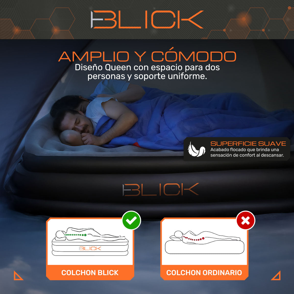 Colchón inflable eléctrico Blick Queen con 2 almohadas Soporta 200 Kg Bomba Eléctrica Plegable Antideslizante color gris