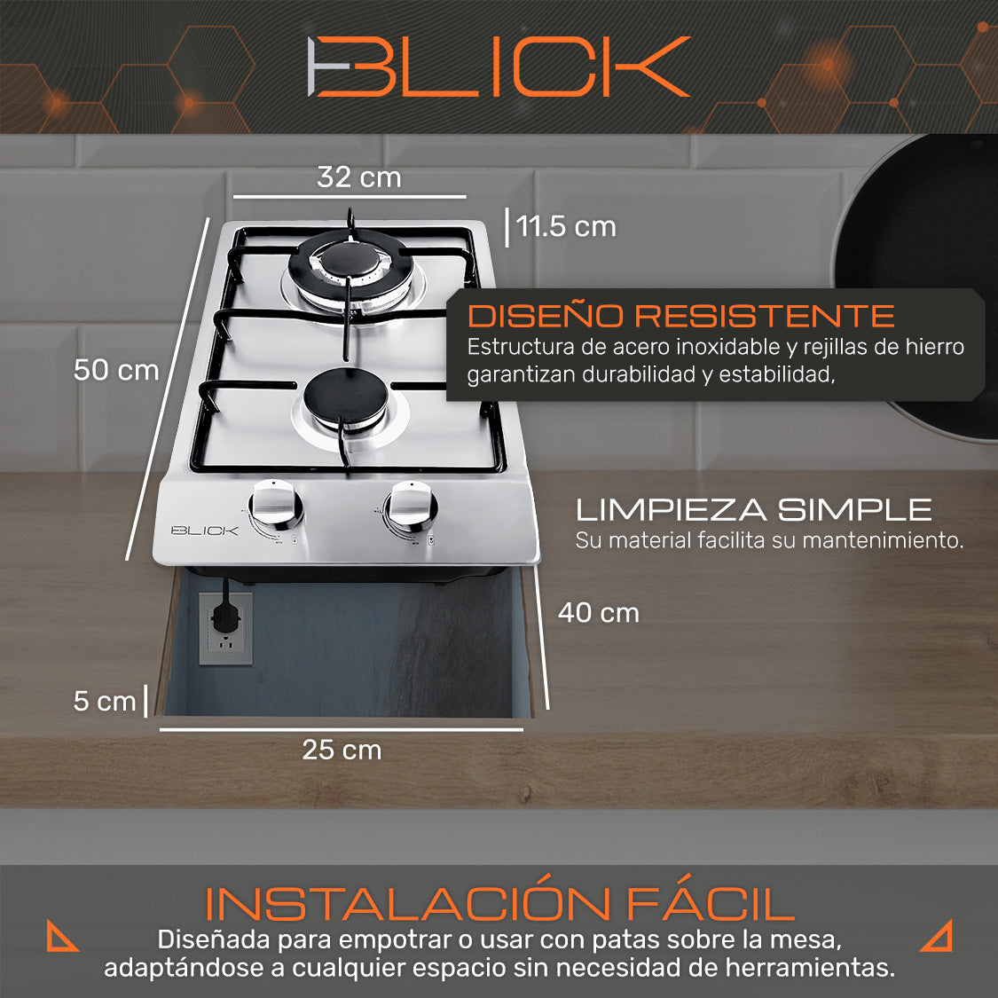 Parrilla de Acero inoxidable 2 Quemadores