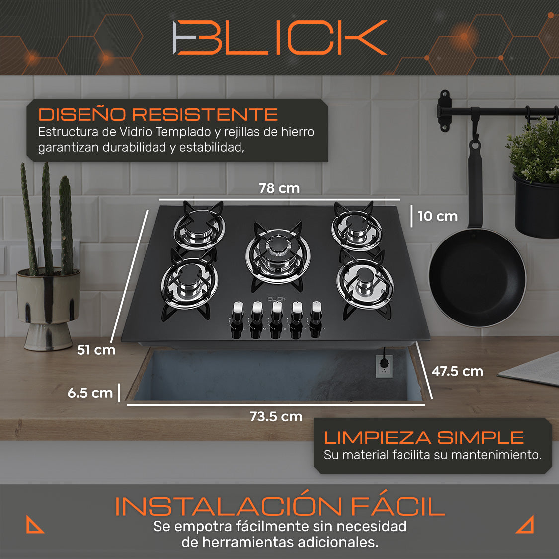 Parrilla Gas Vidrio Templado 5 Quemadores blick