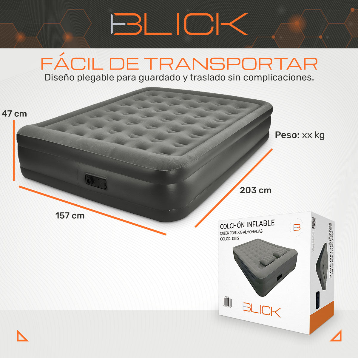 Colchón inflable eléctrico Blick Queen con 2 almohadas Soporta 200 Kg Bomba Eléctrica Plegable Antideslizante color gris