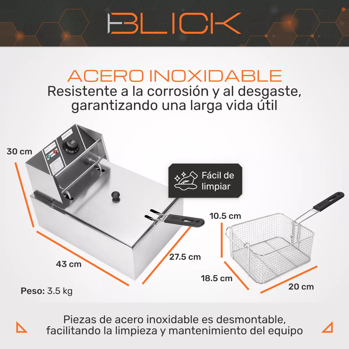 Freidora Aceite Eléctrica 1600w 6lt Industrial Acero Blick