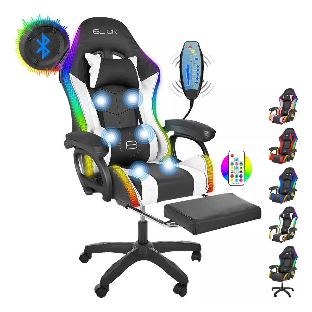 Silla Gamer Con Luz Led Rgb Masajes De 6 Puntos Bocinas Bluetooth