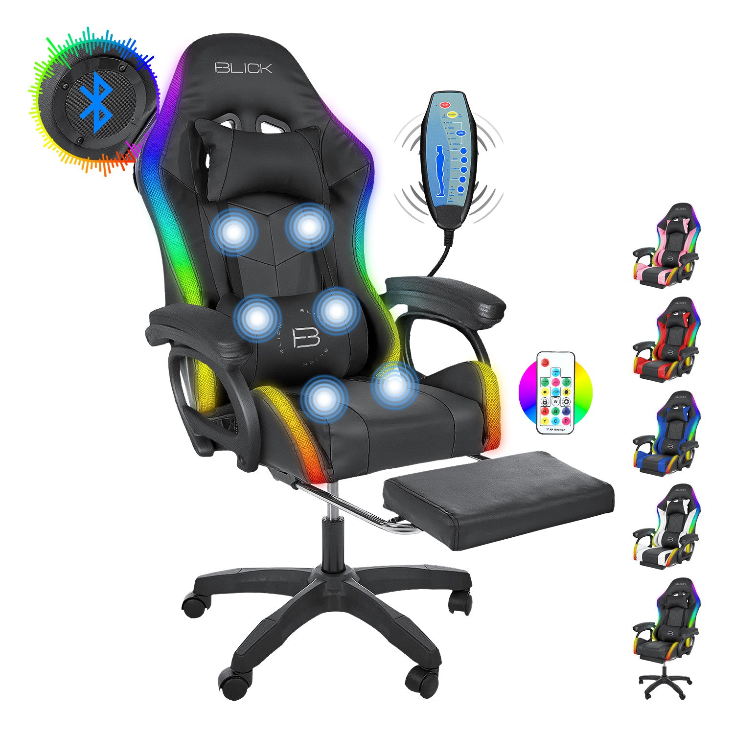 Silla Gamer Con Luz Led Rgb Masajes De 6 Puntos Bocinas Bluetooth