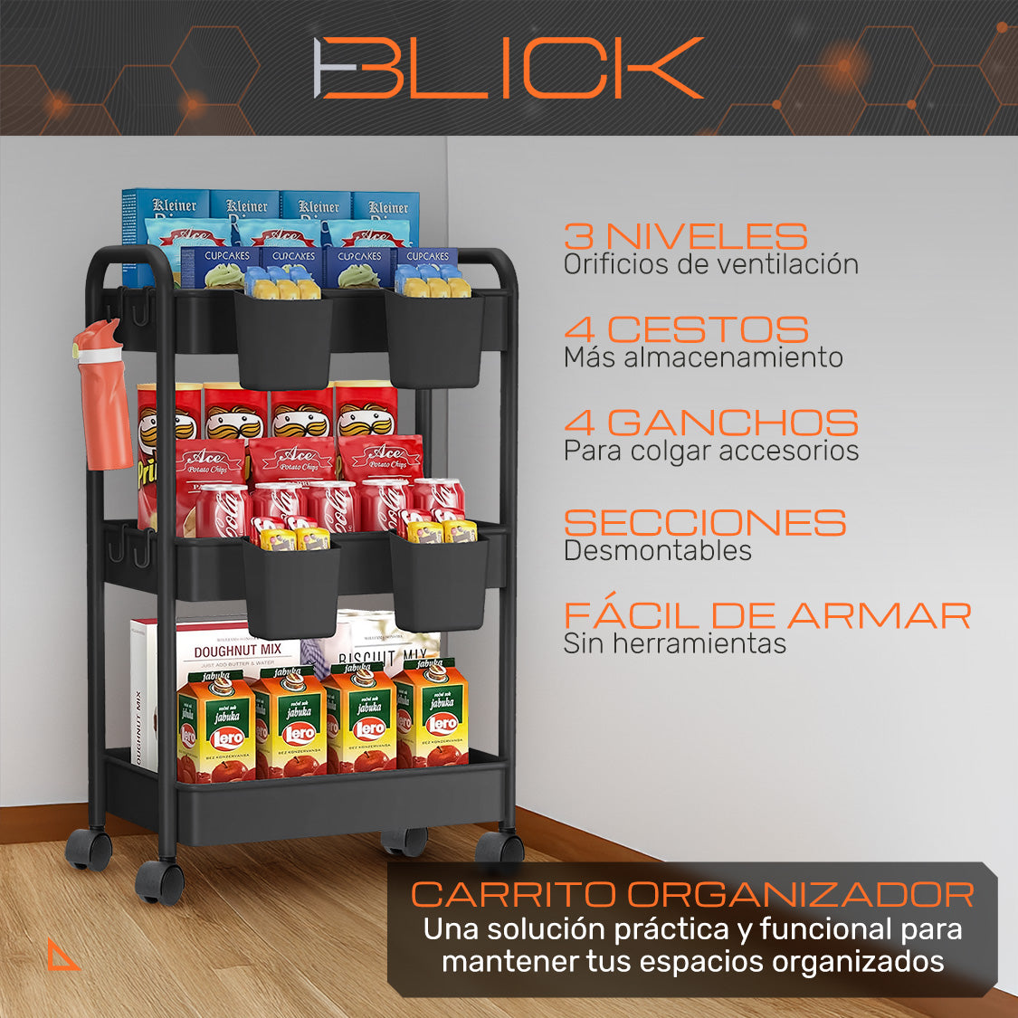 Carrito Organizador Multiusos 3 Niveles Auxiliar Ruedas 360