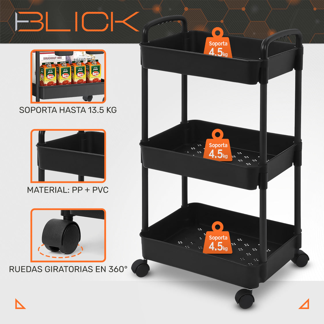Carrito Organizador Multiusos 3 Niveles Auxiliar Ruedas 360
