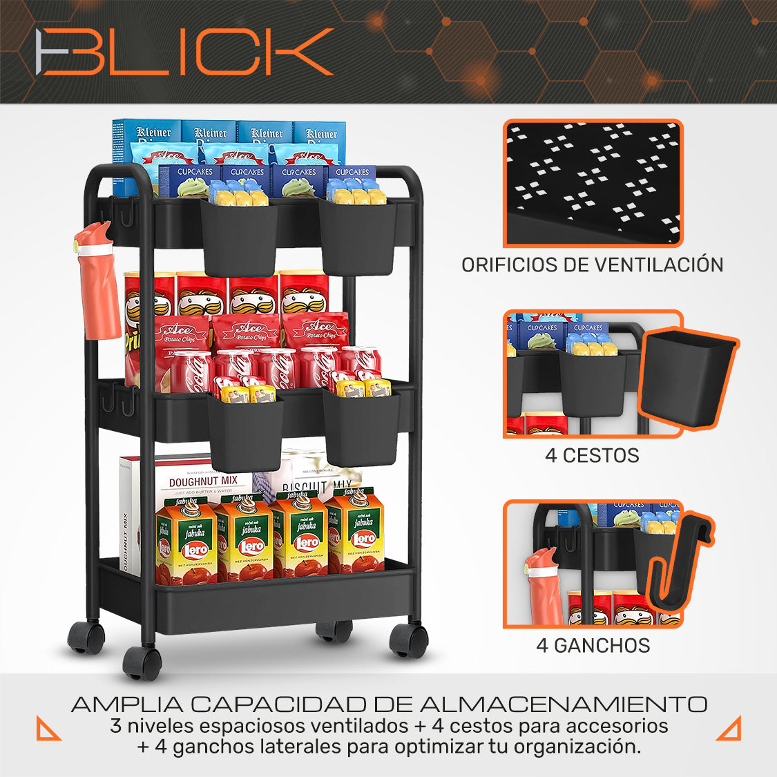 Carrito Organizador Multiusos 3 Niveles Auxiliar Ruedas 360