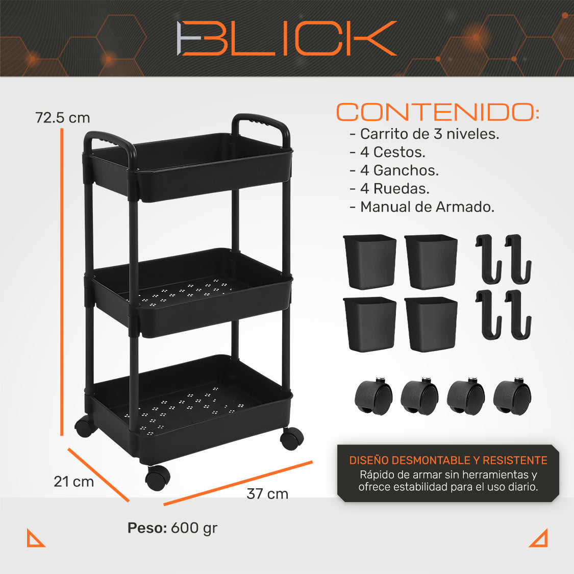Carrito Organizador Multiusos 3 Niveles Auxiliar Ruedas 360