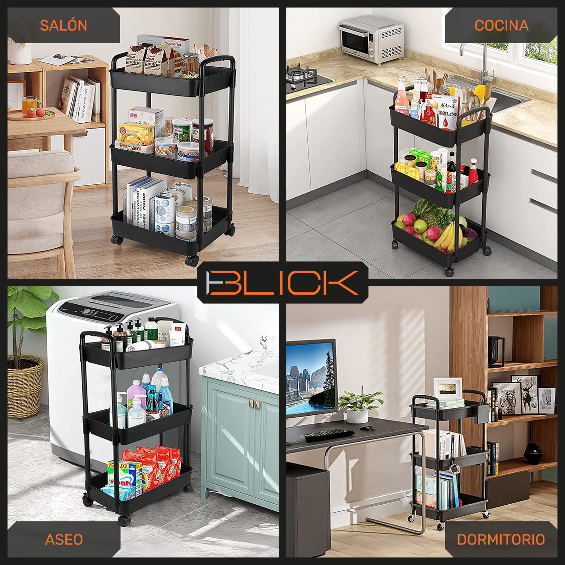 Carrito Organizador Multiusos 3 Niveles Auxiliar Ruedas 360