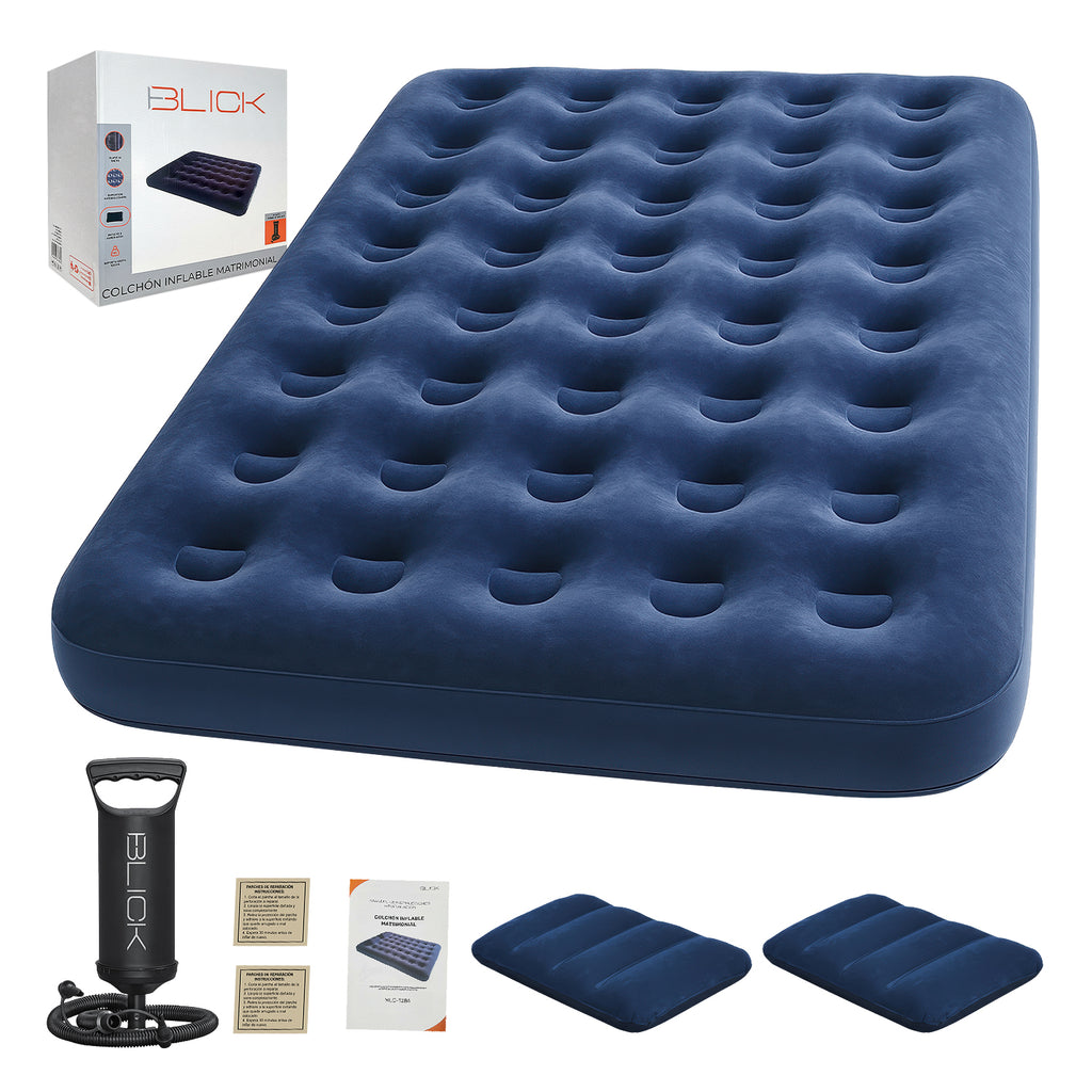 Colchón Inflable Matrimonial Cama + 2 Almohadas Bomba Blick Azul