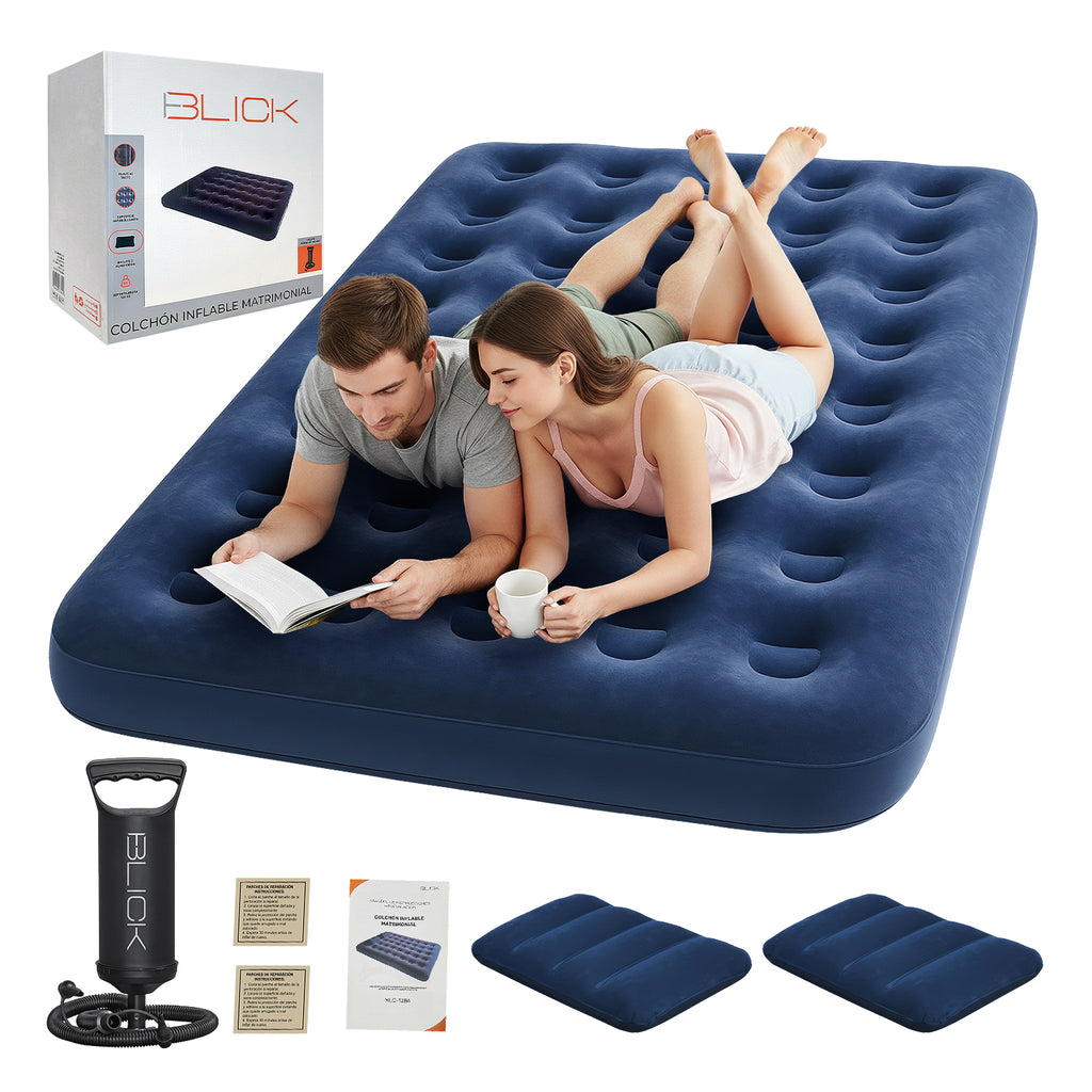 Colchón Inflable Matrimonial Cama + 2 Almohadas Bomba Blick Azul