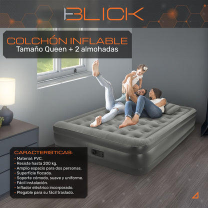 Colchón inflable eléctrico Blick Queen con 2 almohadas Soporta 200 Kg Bomba Eléctrica Plegable Antideslizante color gris
