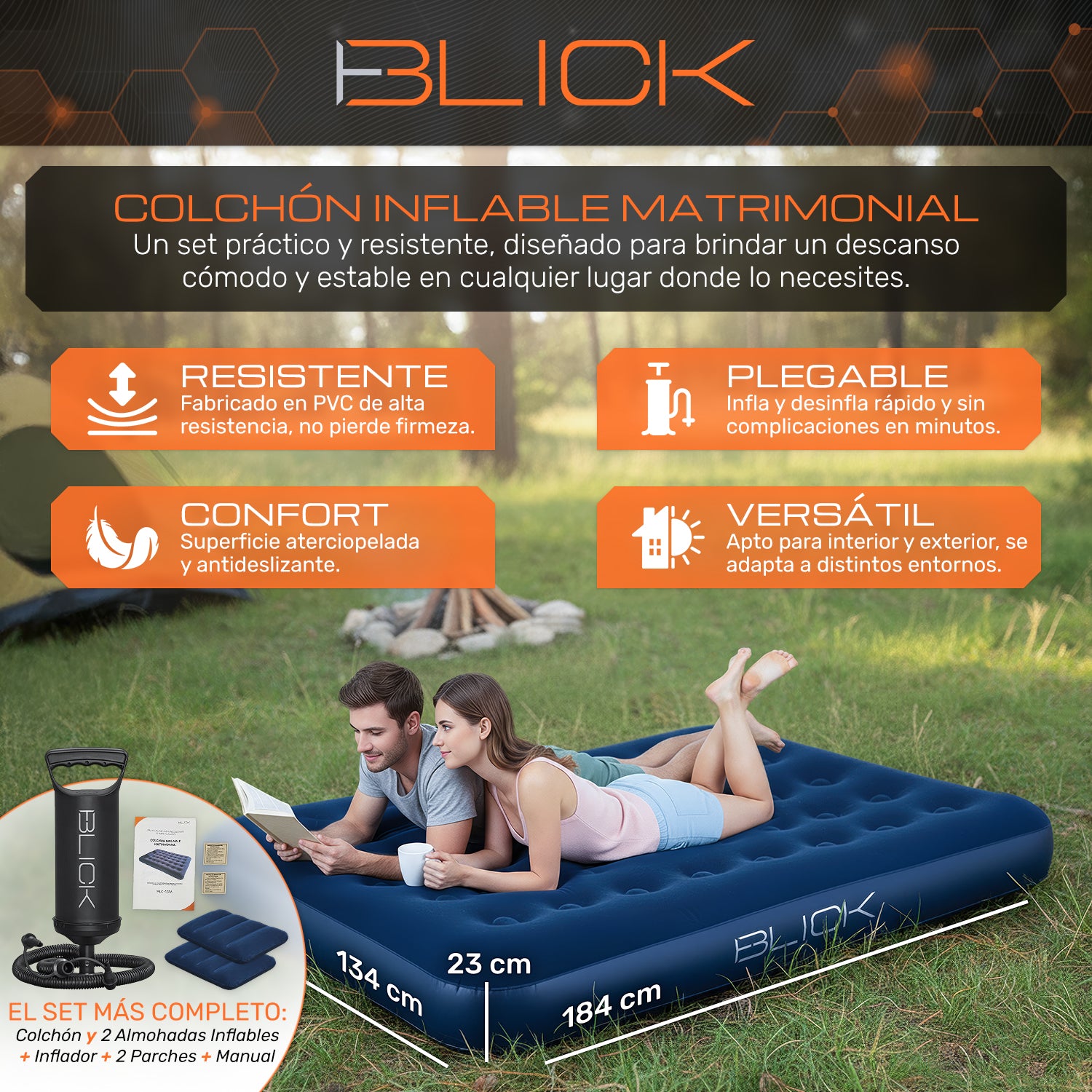 Colchón Inflable Matrimonial Cama + 2 Almohadas Bomba Blick Azul