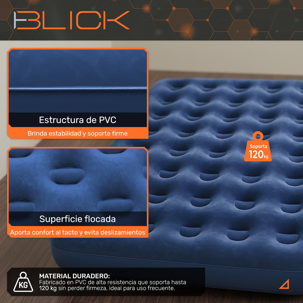 Colchón Inflable Matrimonial Cama + 2 Almohadas Bomba Blick Azul