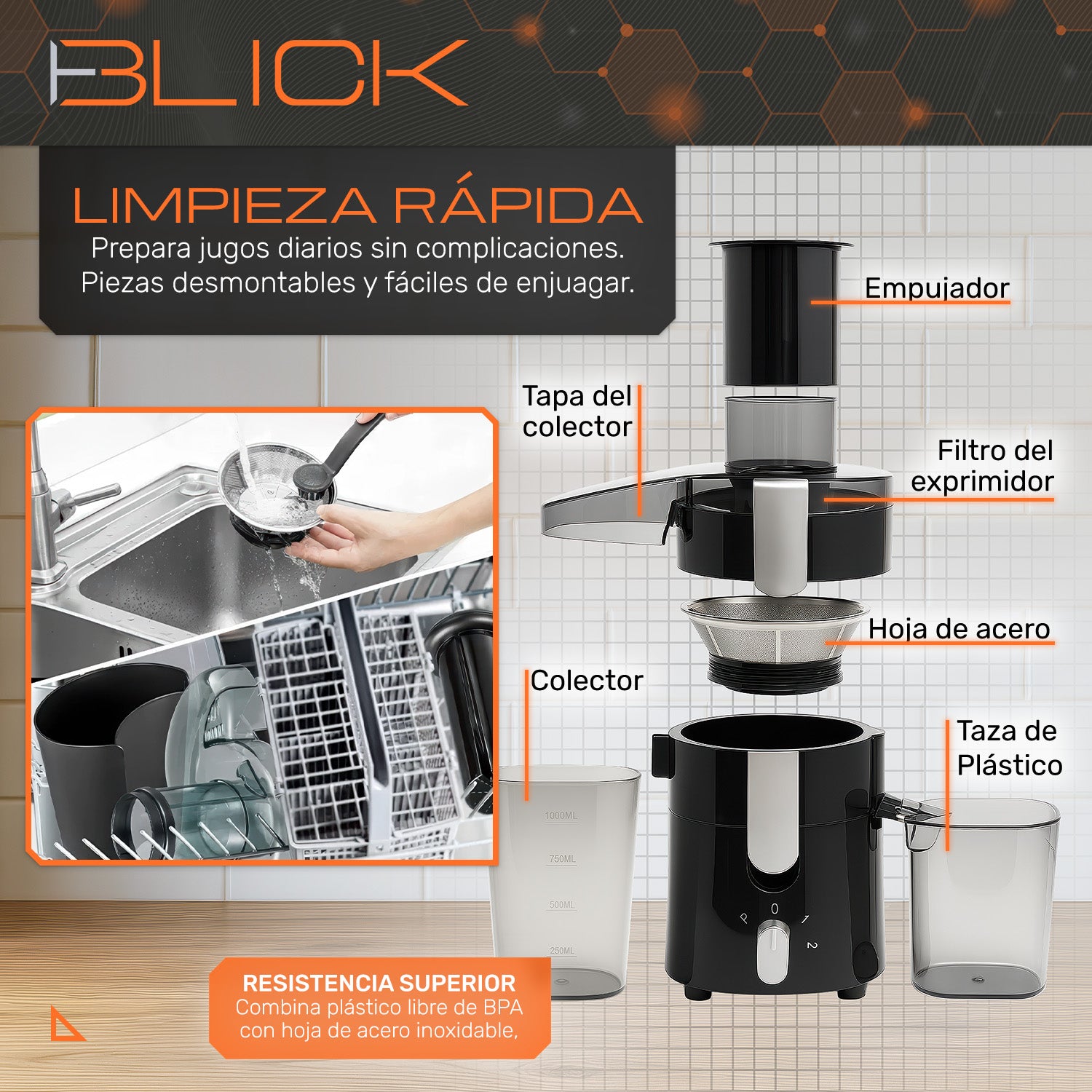 Extractor De Jugos Electrico 400w 2 Velocidades 600ml Blick Negro Brillante