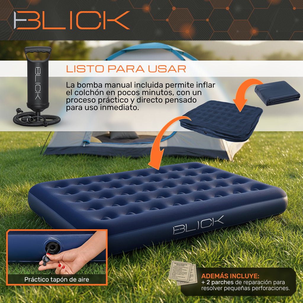 Colchón Inflable Matrimonial Cama + 2 Almohadas Bomba Blick Azul