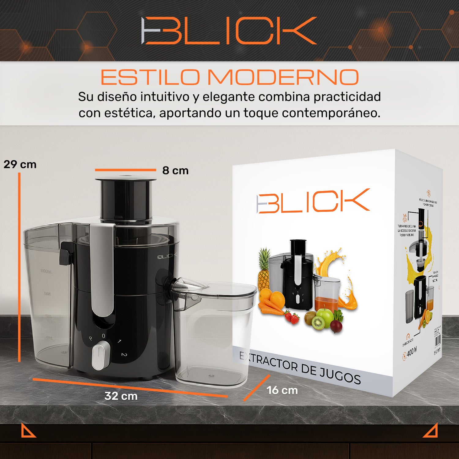 Extractor De Jugos Electrico 400w 2 Velocidades 600ml Blick Negro Brillante