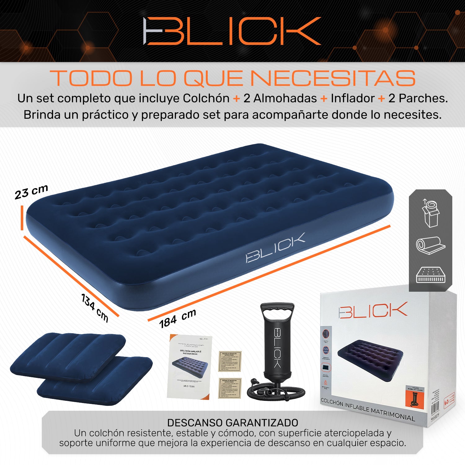 Colchón Inflable Matrimonial Cama + 2 Almohadas Bomba Blick Azul