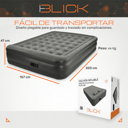 Colchón inflable eléctrico Blick Queen con 2 almohadas Soporta 200 Kg Bomba Eléctrica Plegable Antideslizante color gris