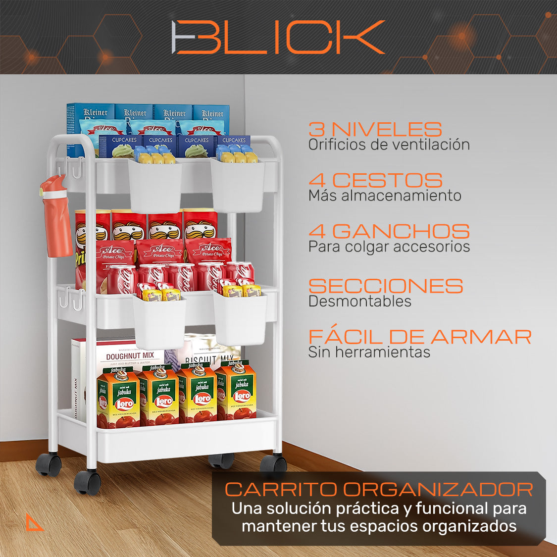 Carrito Organizador Multiusos 3 Niveles Auxiliar Ruedas 360