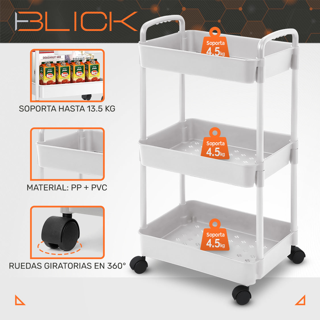 Carrito Organizador Multiusos 3 Niveles Auxiliar Ruedas 360