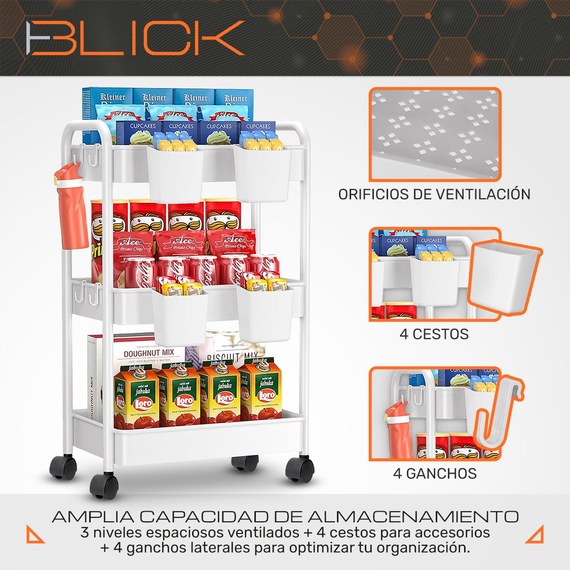 Carrito Organizador Multiusos 3 Niveles Auxiliar Ruedas 360