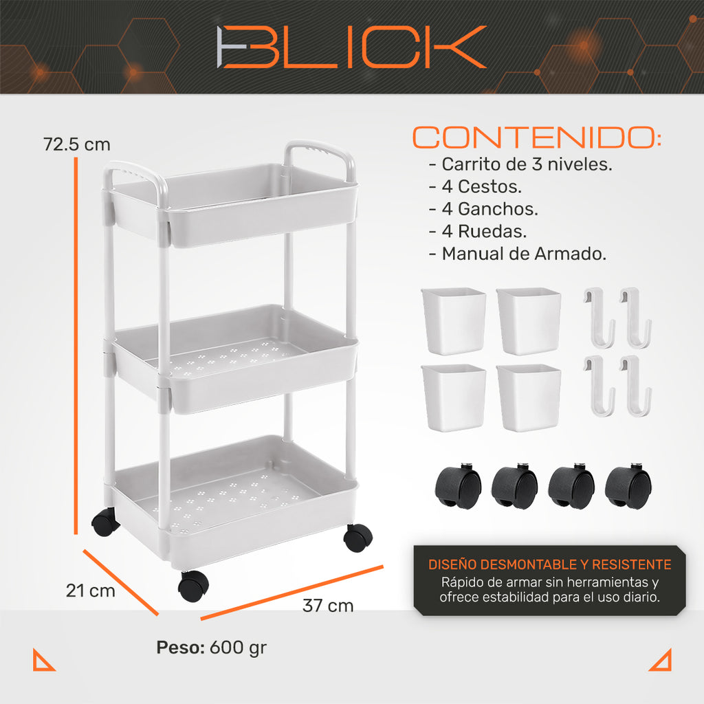 Carrito Organizador Multiusos 3 Niveles Auxiliar Ruedas 360