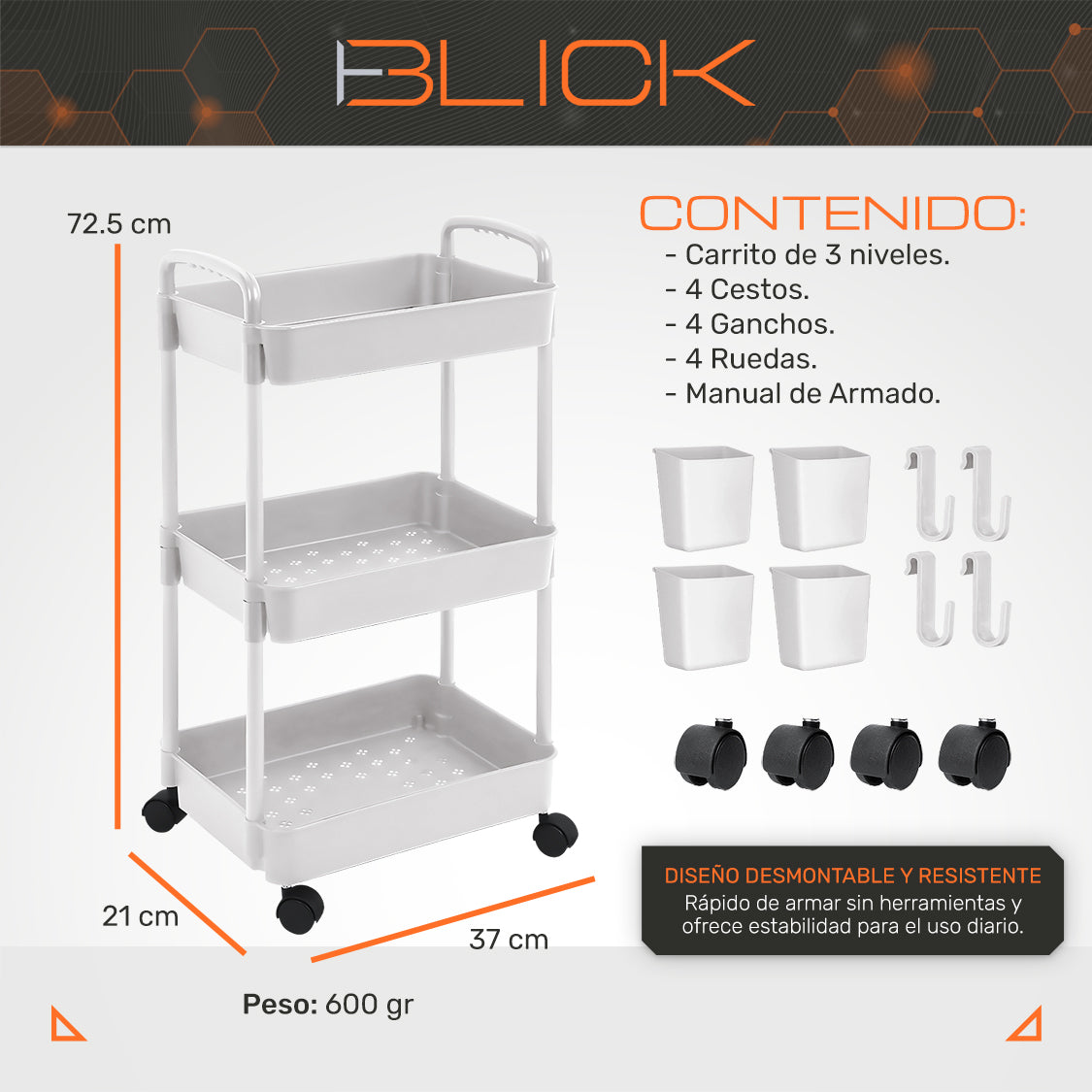 Carrito Organizador Multiusos 3 Niveles Auxiliar Ruedas 360