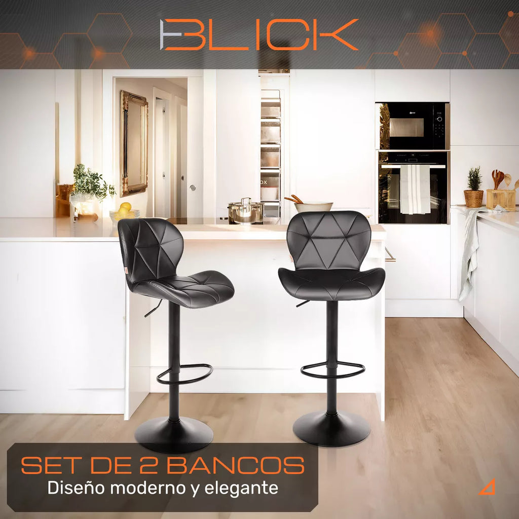 Set 2 Bancos Altos Barra Cocina Silla Cuero Base Negra Blick