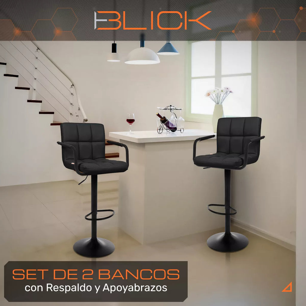 Set 2 Bancos Altos Barra Cocina Apoyabrazos Base Negra Blick