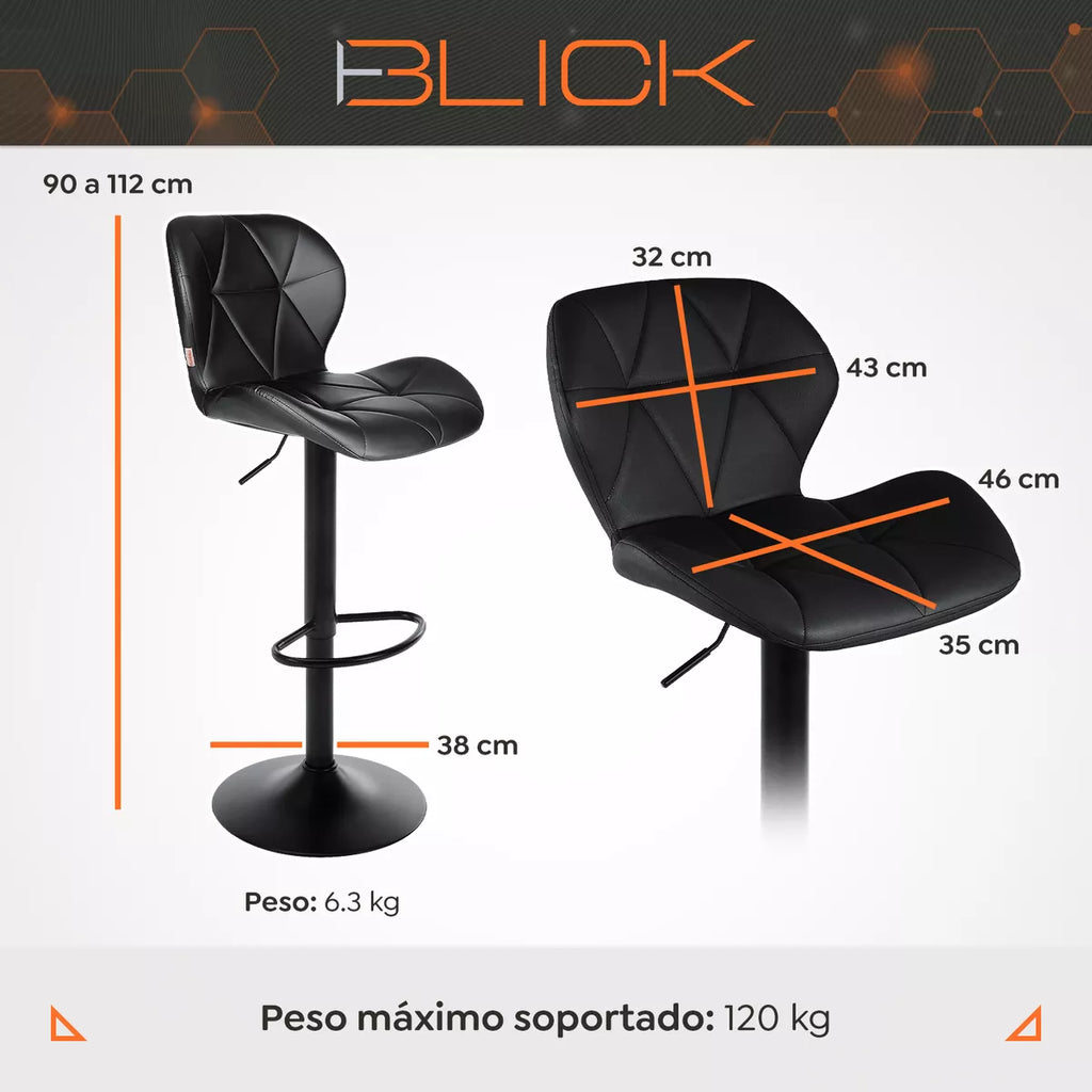 Set 2 Bancos Altos Barra Cocina Silla Cuero Base Negra Blick