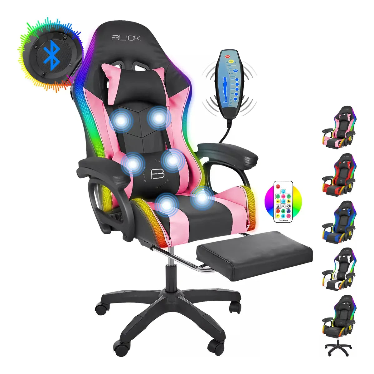 Silla Gamer Con Luz Led Rgb Masajes De 6 Puntos Bocinas Bluetooth