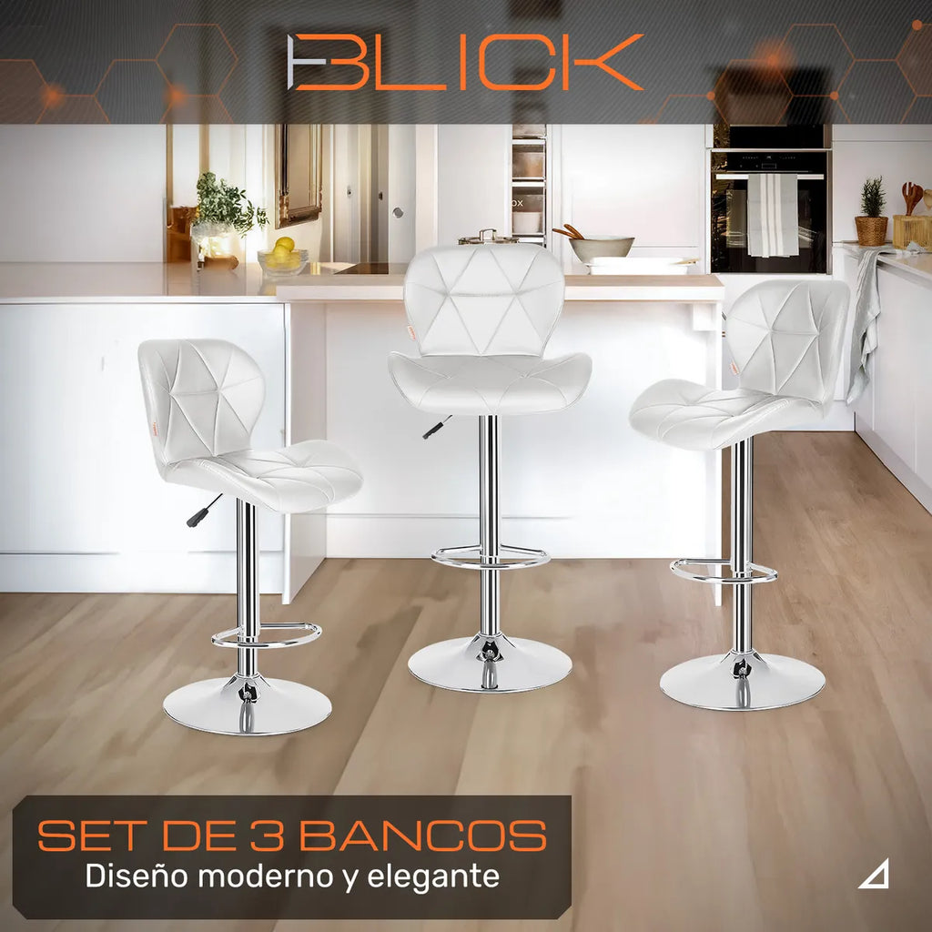 Set 3 Bancos Altos Barra Cocina Silla Cuero Base Cromada