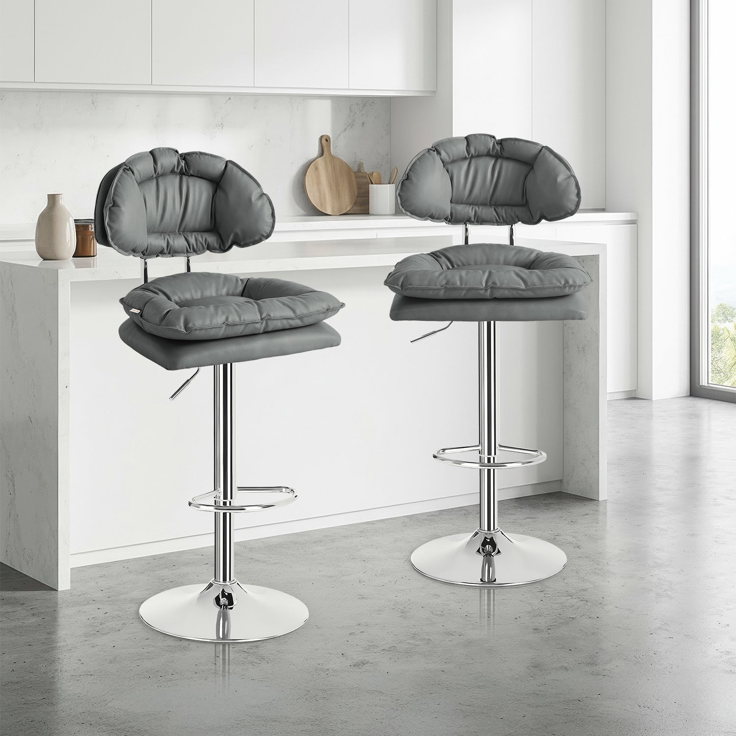 Set De 2 Bancos Acolchonados Con Respaldo Para Barra Cocina Altura Regulable Giratorio 360°