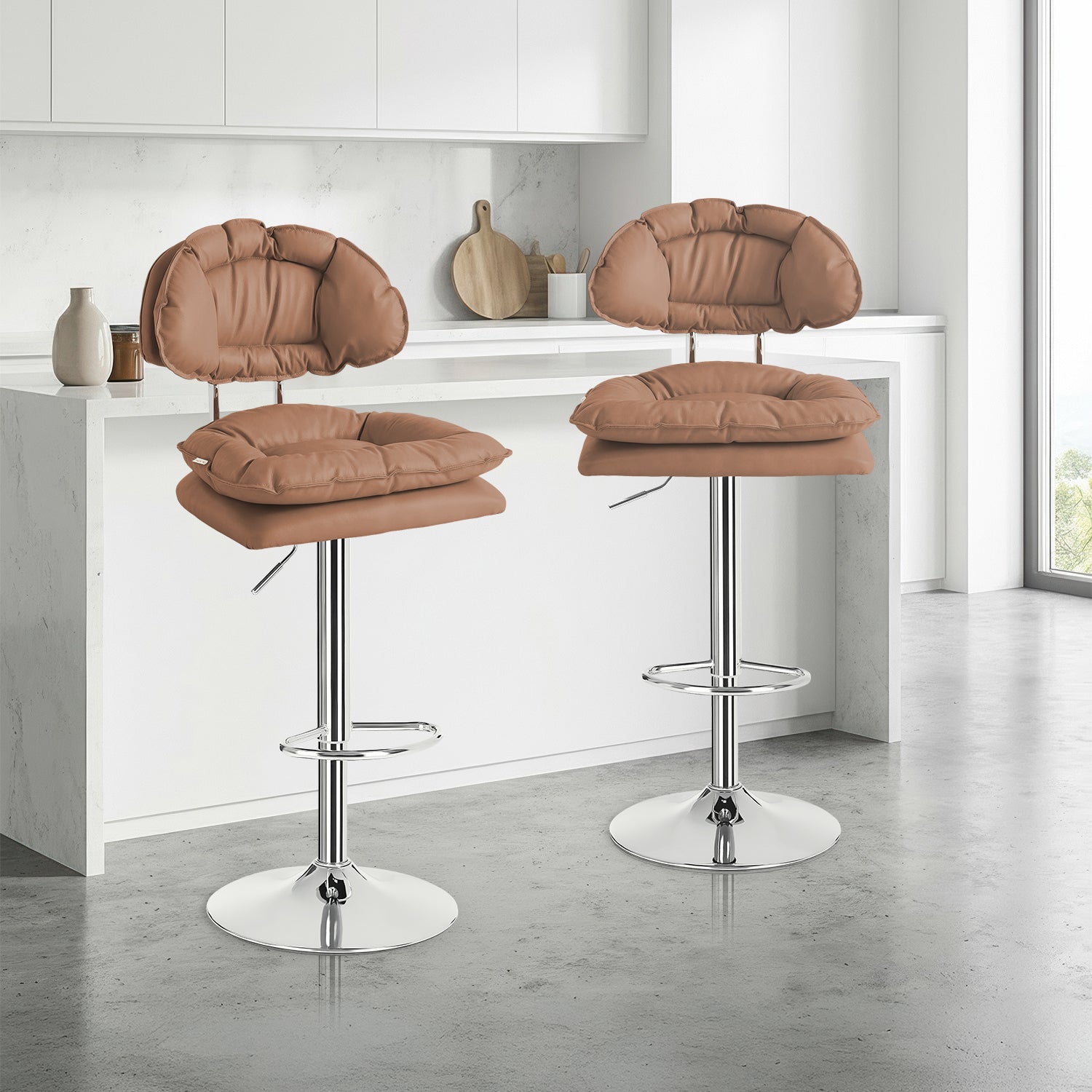 Set De 2 Bancos Acolchonados Con Respaldo Para Barra Cocina Altura Regulable Giratorio 360°