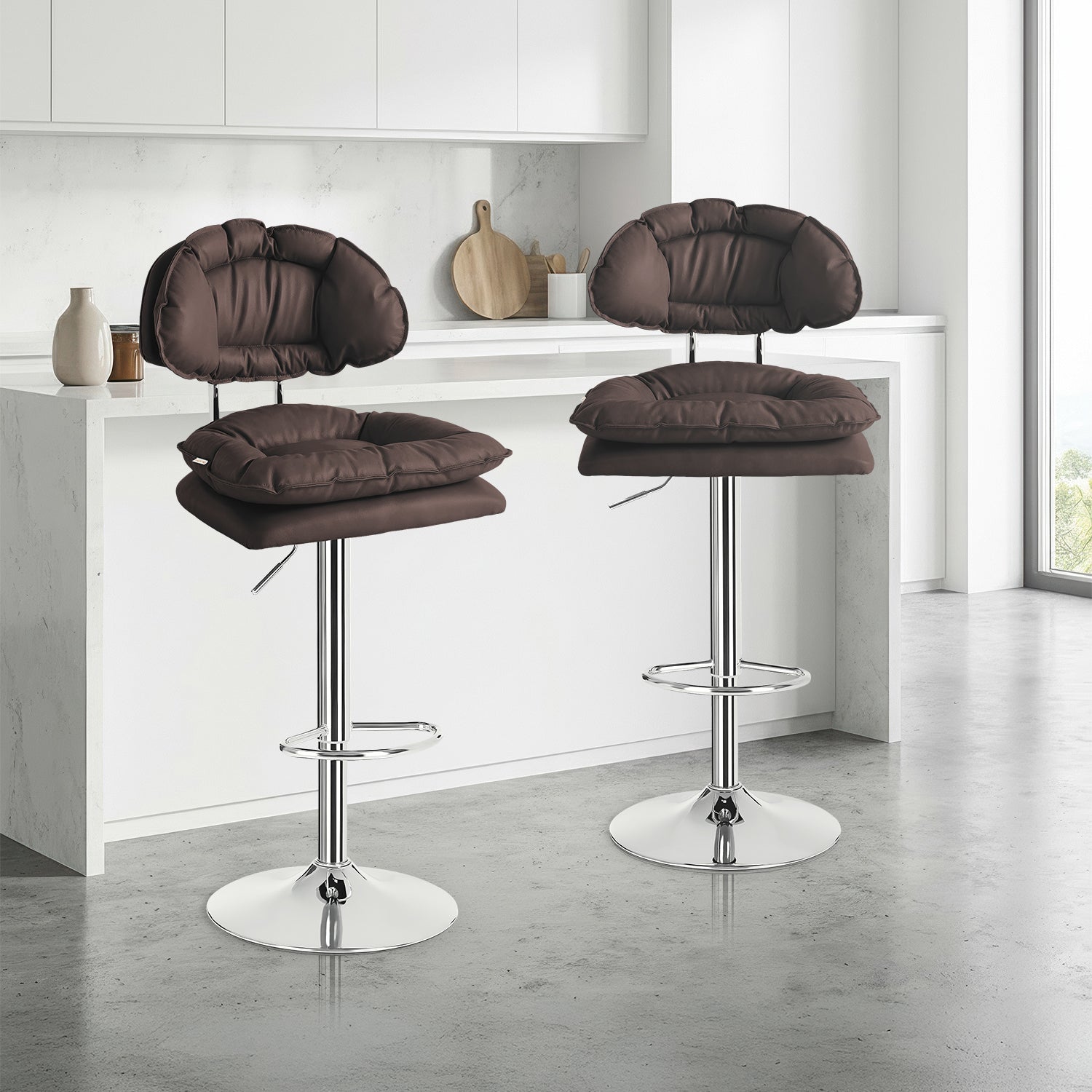 Set De 2 Bancos Acolchonados Con Respaldo Para Barra Cocina Altura Regulable Giratorio 360°