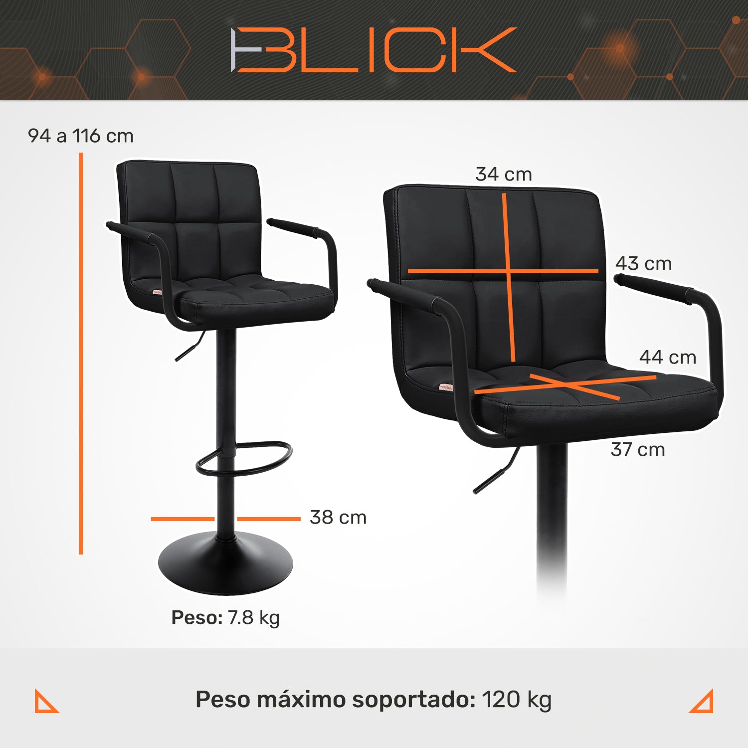 Set 2 Bancos Altos Barra Cocina Apoyabrazos Base Negra Blick