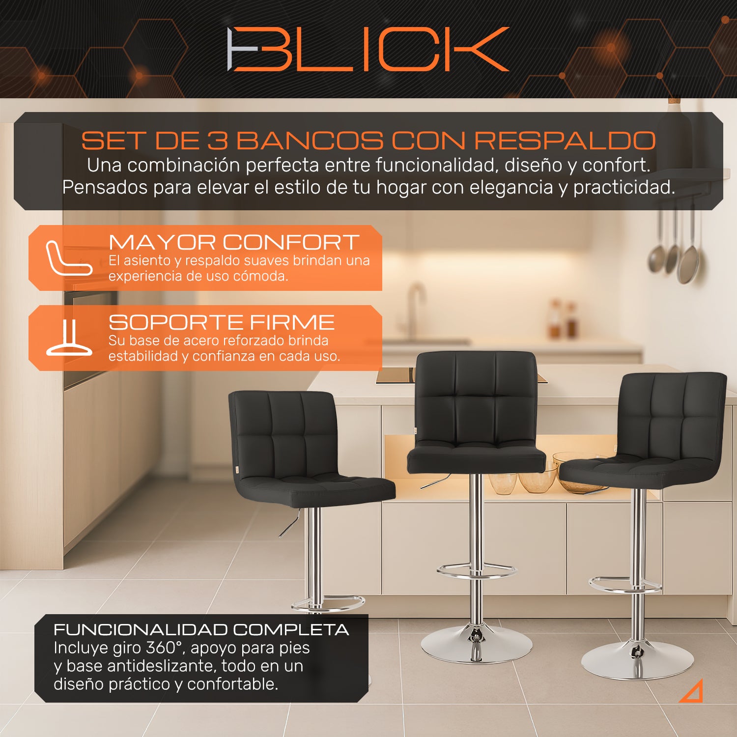 Set 3 Bancos Altos Cocina Barra Silla Desayunador  Estructura Cromado