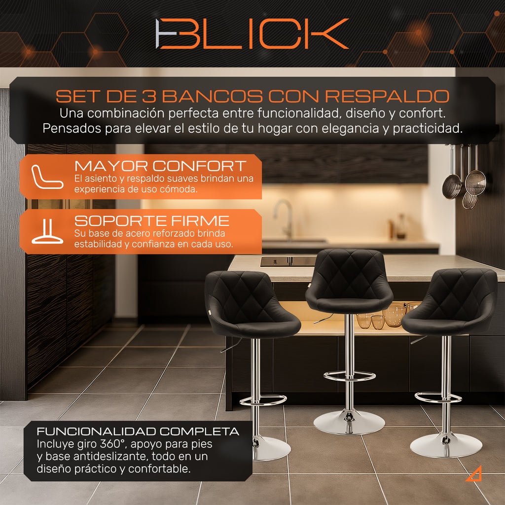 Set de 3 Bancos con Respaldo Acero Redondo Ajustables de Altura