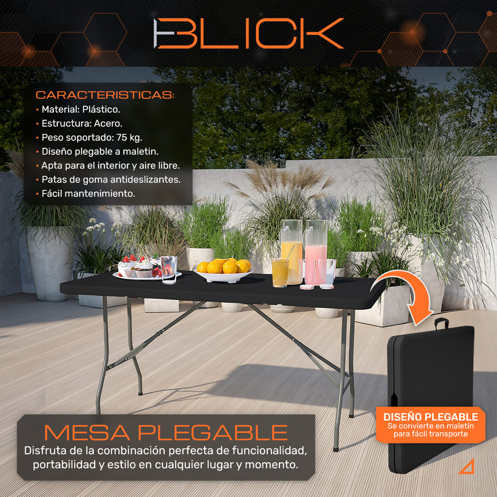 Mesa Plegable Blick Rectangular 180x70cm Acero Negro 75kg Maletín
