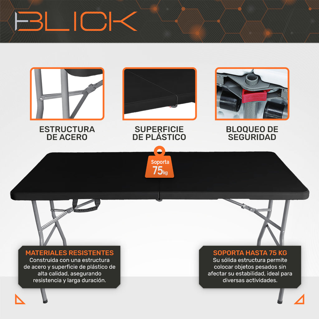 Mesa Plegable Blick Rectangular 180x70cm Acero Negro 75kg Maletín