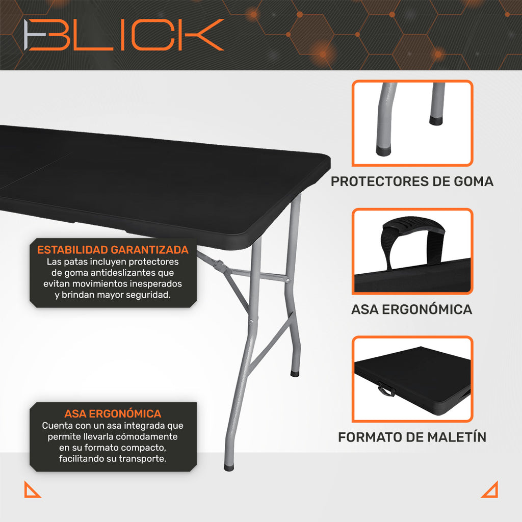 Mesa Plegable Blick Rectangular 180x70cm Acero Negro 75kg Maletín