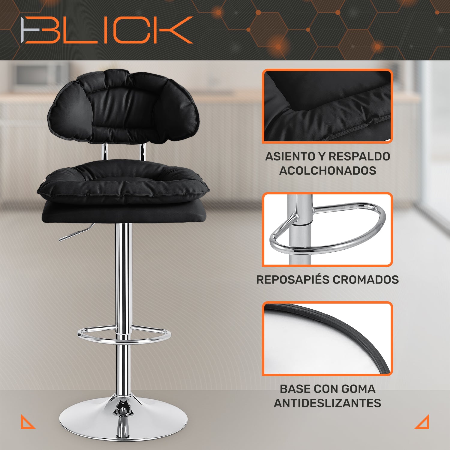 Set De 2 Bancos Acolchonados Con Respaldo Para Barra Cocina Altura Regulable Giratorio 360°