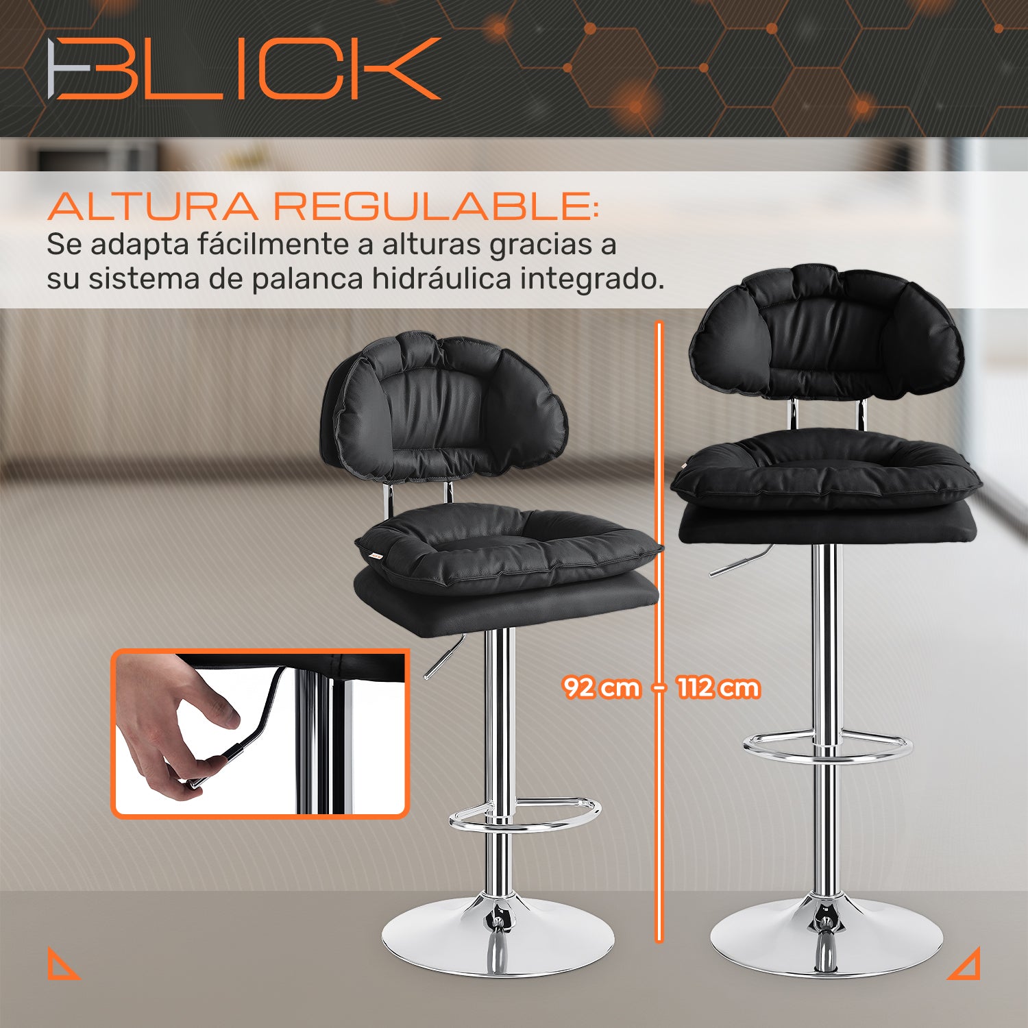 Set De 2 Bancos Acolchonados Con Respaldo Para Barra Cocina Altura Regulable Giratorio 360°