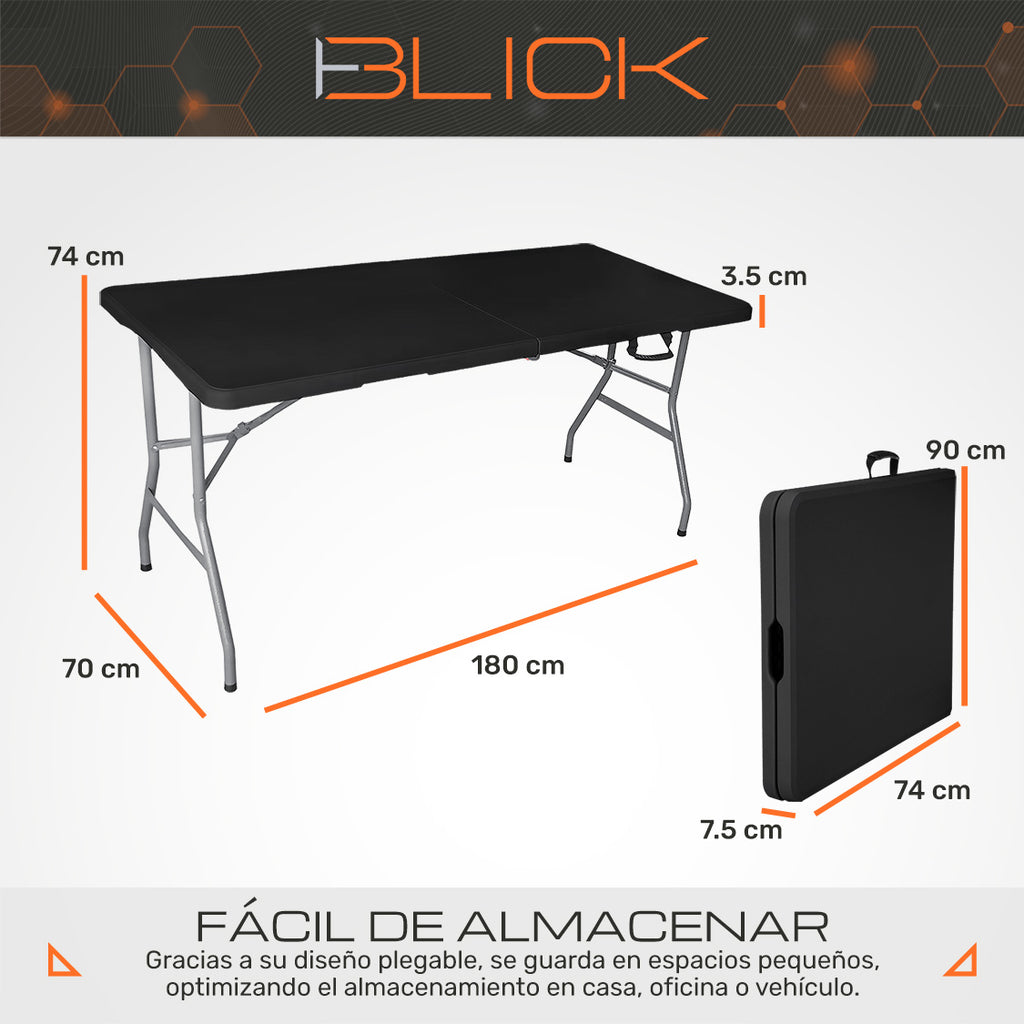 Mesa Plegable Blick Rectangular 180x70cm Acero Negro 75kg Maletín