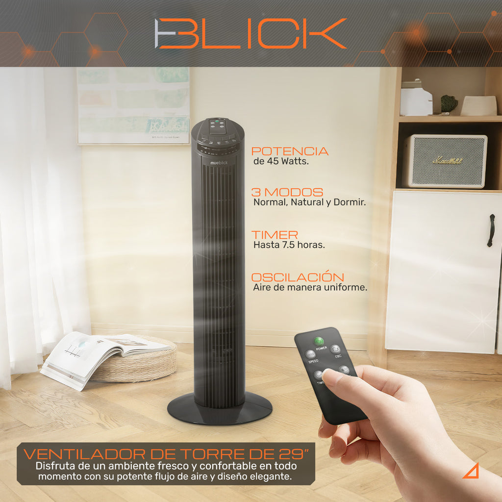 Ventilador De Torre 29 45w 3 Modos  Oscilante 80° Timer Control Remoto